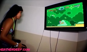 Heather unfathomable playing super mario brother receives deepthroat throatpie