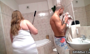 Big abdomen girlfriend is group-fucked in the baths