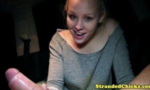 Hitchhiker golden-haired sucks and jerks knob