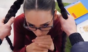 Beautiful college girl with glasses gets boned in POV